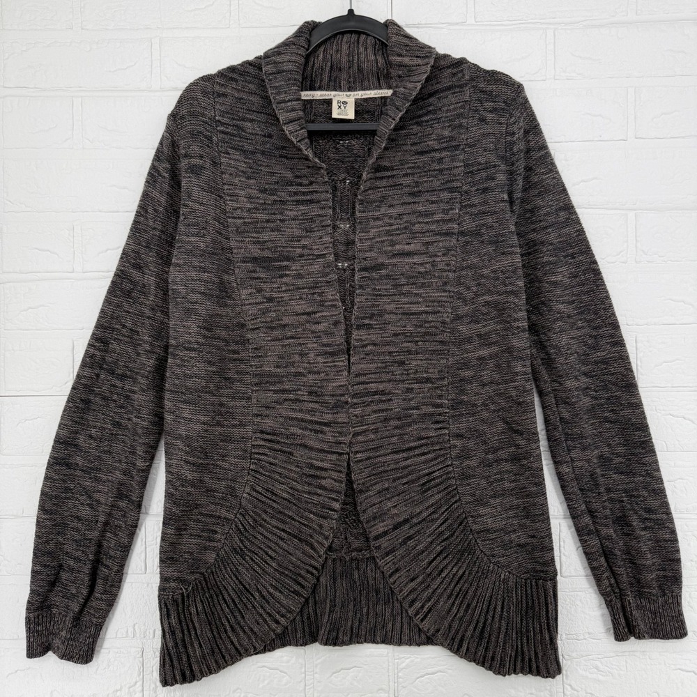 Roxy Cardigan Sweater Women Large Brown Space Dye Open Front Shawl Collar Knit